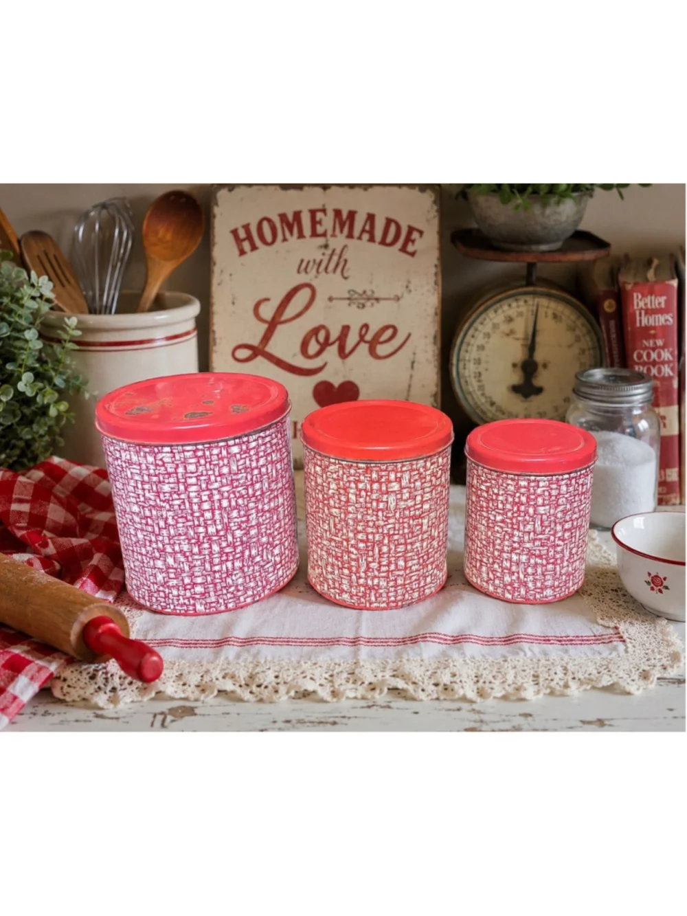 Vintage Parade Red & White Metal Canister Set | 3 Piece Mid Century Kitchen Deco